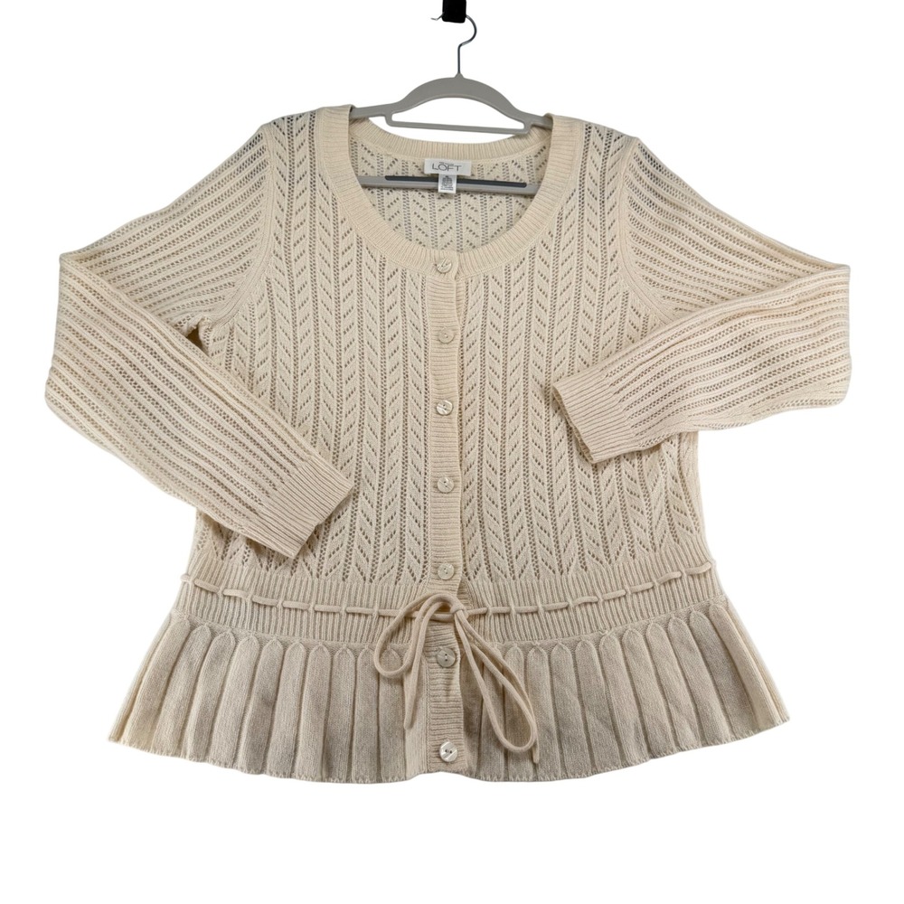 LOFT Pointelle Peplum Button Cardigan Wool Cashmere Blend Women XL Cream Preppy